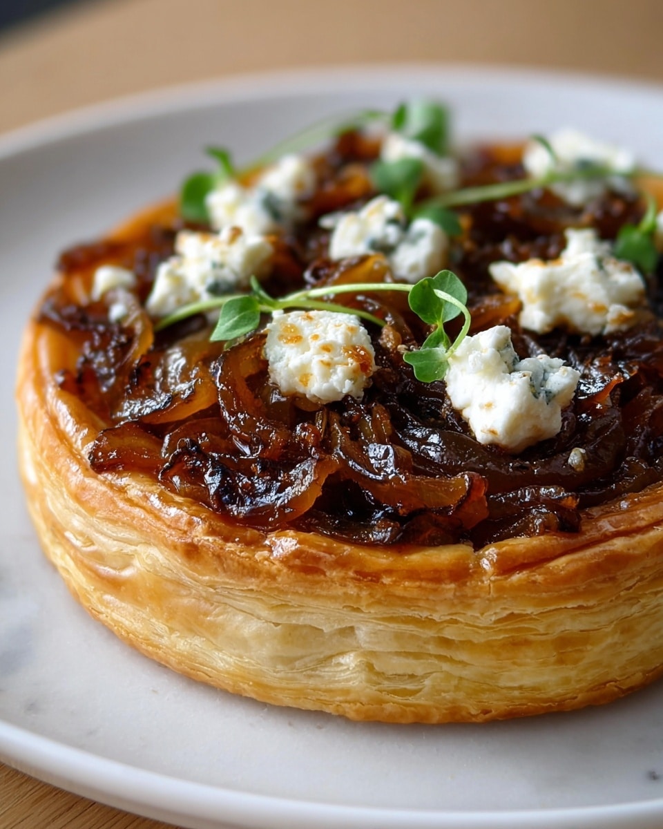 A single round tart with three visible layers sits on a white plate over a white marbled surface. The bottom layer is a golden brown, flaky puff pastry with a slightly crisp texture and visible layering. The middle layer consists of soft, caramelized onions in shades of deep amber to dark brown, glistening with a slightly sticky, glossy texture. The top layer has small dollops of creamy white goat cheese, uneven in shape and slightly melted, with a few sprigs of fresh green thyme scattered over, adding a touch of bright color. The tart is centered in the frame with a soft, out-of-focus background. Photo taken with an iphone --ar 4:5 --v 7
