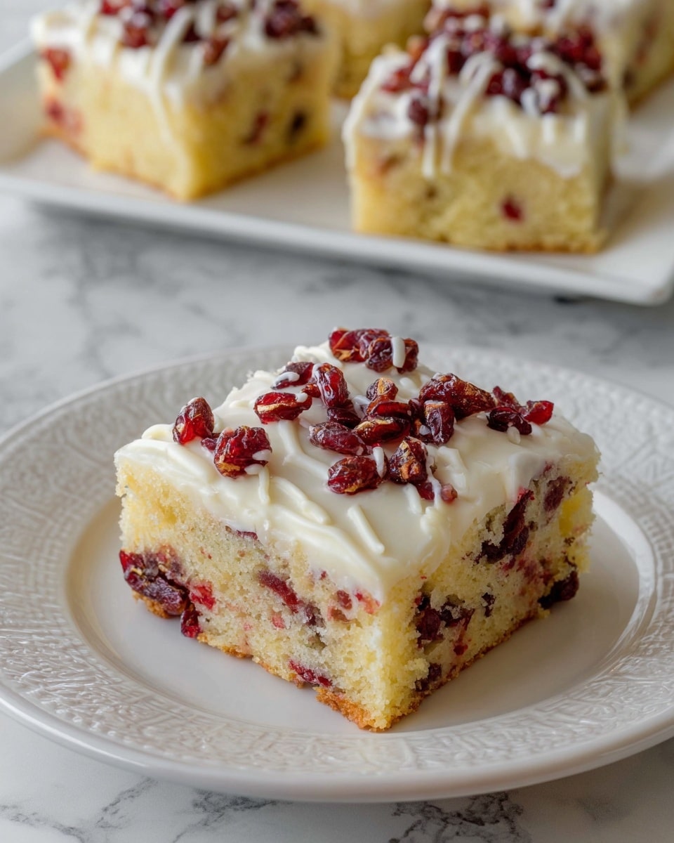 A square piece of cake with two distinct layers is shown on a white plate with detailed edges, sitting on a white marbled surface. The bottom layer is a light golden-yellow sponge filled with dark red dried cranberries spread evenly throughout. The top layer is a creamy white frosting topped with whole dried cranberries and drizzled with thin white icing in a wavy pattern. In the background, there are more slices of the same cake, slightly out of focus. Photo taken with an iphone --ar 4:5 --v 7