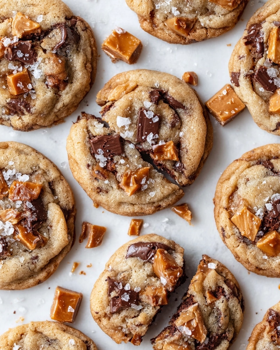 Several round cookies with a golden-brown dough base are arranged on a white marbled surface. Each cookie is studded with irregular chunks of dark chocolate and pieces of caramelized brittle with a shiny amber color. Some cookies are whole, while others are broken or have crumbs around them, showing a soft, chewy texture inside. Flakes of sea salt are sprinkled on top, adding small white highlights against the cookie surfaces. The overall look is warm and inviting, with rich contrasts between the soft cookie, dark chocolate, and crunchy caramel pieces. Photo taken with an iphone --ar 4:5 --v 7