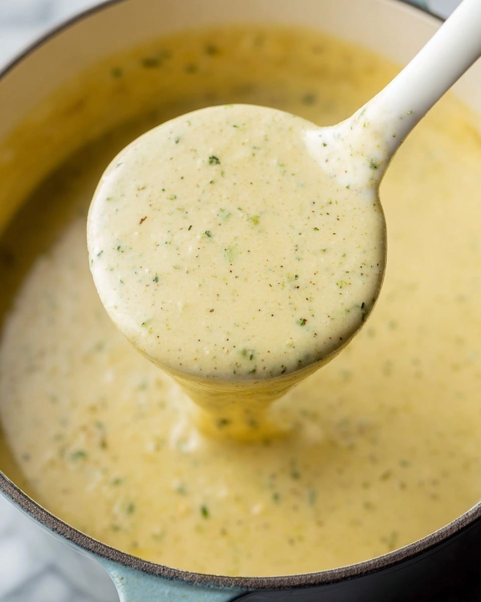 A close-up view of a thick creamy soup with a smooth texture and light yellow color, speckled with small green and black herbs evenly spread throughout. The soup fills a deep pot with a glossy surface, and a ladle scoops some up, showing the soup’s dense and slightly sticky consistency as it clings to the ladle. The background is a white marbled texture. photo taken with an iphone --ar 4:5 --v 7
