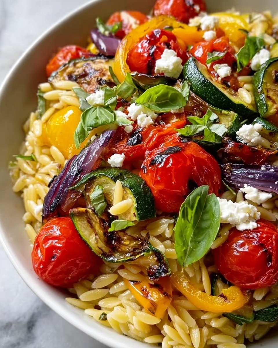 The image shows a close-up of a white bowl filled with three layers: the bottom layer is cooked orzo pasta, light yellow with a smooth texture, topped with a colorful mix of grilled veggies including bright red cherry tomatoes, yellow bell pepper slices, green zucchini pieces with grill marks, and soft purple onion slices. Scattered small white crumbles of cheese add texture, while fresh green basil leaves are delicately placed on top as garnish, creating a fresh and vibrant look. The bowl sits on a white marbled surface, and the lighting is natural, enhancing the glossy and roasted textures of the veggies. photo taken with an iphone --ar 4:5 --v 7