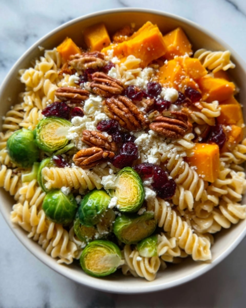 A bowl filled with rotini pasta surrounded by a mix of bright orange cubed butternut squash, green halved Brussels sprouts, and topped with whole brown pecans and small dark red dried cranberries, all drizzled lightly with a glossy dressing that adds a subtle shine. The textures vary from the smooth pasta, the firm Brussels sprouts, the soft squash, and the crunchy pecans, making a colorful and inviting dish. The bowl is white and sits on a white marbled surface. Photo taken with an iphone --ar 4:5 --v 7
