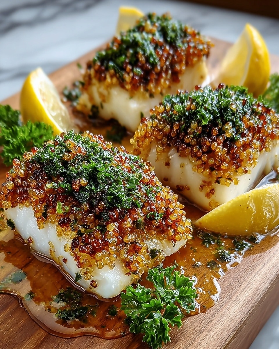 Three thick pieces of white fish each have a golden-brown crispy topping made of small, round grains and herbs. The top layer is mixed with green chopped parsley and tiny bits of onion, adding a fresh look. Each piece rests on a white wooden board with small pools of shiny sauce around them. Bright yellow lemon wedges are placed behind the fish on the board, and a small bunch of fresh green parsley is near the front piece. The overall setting is on a white marbled texture, giving a clean and fresh look. photo taken with an iphone --ar 4:5 --v 7