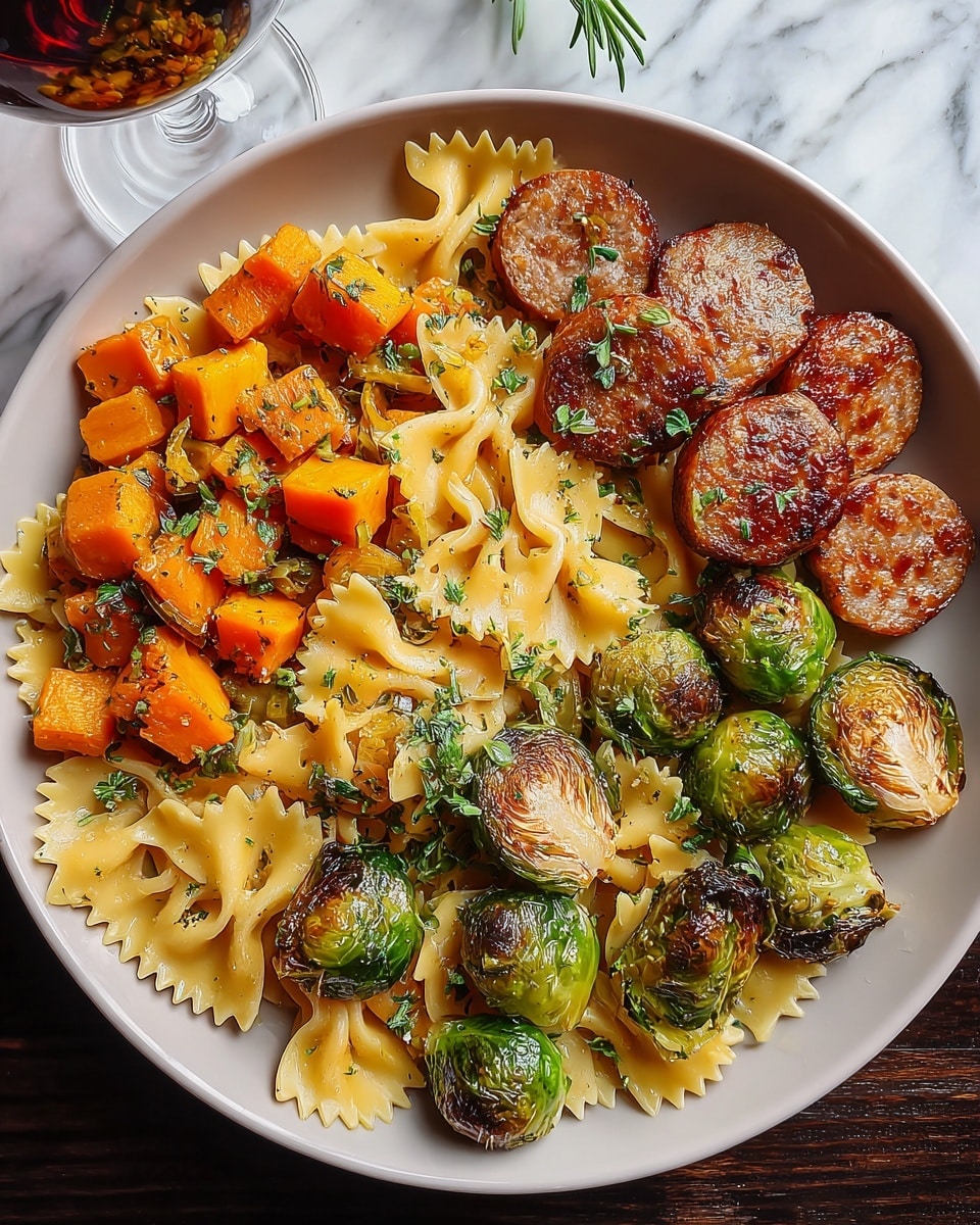A black plate holds a dish with four visible layers: the bottom layer is light yellow farfalle pasta with a slightly glossy texture, scattered across the whole plate. On top of the pasta, on the left side, there are roasted Brussels sprouts, cut in half showing their green and light brown seared surfaces, creating a mix of smooth and crispy textures. Above the Brussels sprouts are bright orange, cubed roasted butternut squash pieces, forming a neat cluster. On the right side of the plate, browned sausage slices with a crispy outer crust and a rich, deep brown color are arranged in a small group. All ingredients are sprinkled with small bits of green herbs, and the plate sits on a white marbled surface. photo taken with an iphone --ar 4:5 --v 7