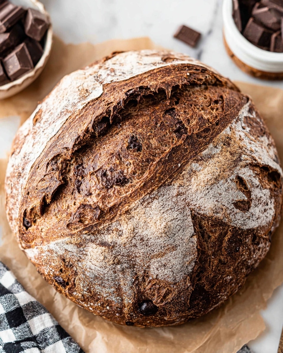 A round loaf of rustic bread with a thick, crusty surface showing deep brown and golden colors with light dusting of flour; the bread has a rough texture with visible swirls and cracks on top, revealing dark chunks inside, suggesting fruit or nuts. It sits on parchment paper over a white marbled surface, with part of a checkered cloth visible on the left and a white bowl filled with chopped dark ingredients on the bottom right corner. Photo taken with an iphone --ar 4:5 --v 7