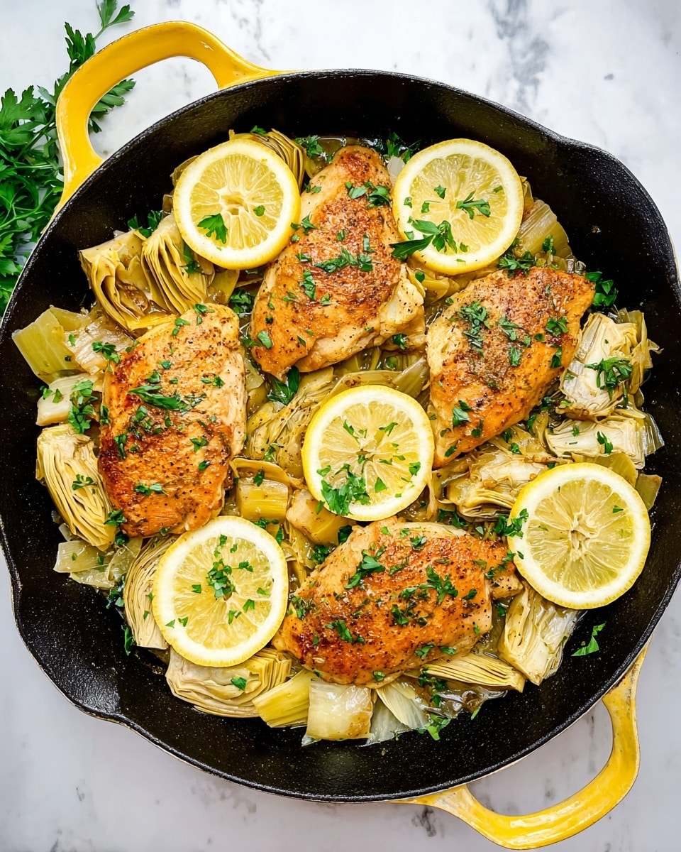 The image shows a black cast-iron skillet with a yellow handle on a white marbled surface, filled with three cooked chicken breasts placed over a bed of cooked artichoke hearts. The chicken breasts are golden brown and seasoned with black pepper. Around and partly on top of the chicken there are thin slices of lemon with their bright yellow rind and pale yellow inside, adding a fresh contrast. Fresh green parsley leaves are scattered over the dish, adding color and texture. The artichoke hearts are pale yellow with a soft, layered texture, filling the bottom of the skillet evenly. photo taken with an iphone --ar 4:5 --v 7