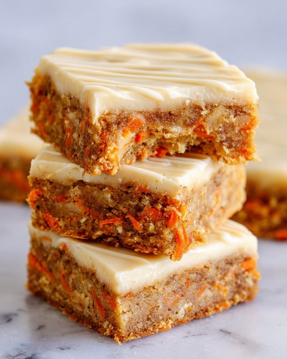 The image shows a stack of three square dessert bars on a white marbled surface. Each bar has two layers: the bottom layer is brown with visible small orange bits, giving a chunky, moist texture, while the top layer is creamy beige, smooth, and slightly firm. The top layer has subtle lines drizzled across it, adding a slightly shiny appearance. In the background, parts of more bars can be seen, keeping the focus on the three stacked bars in the center. photo taken with an iphone --ar 4:5 --v 7