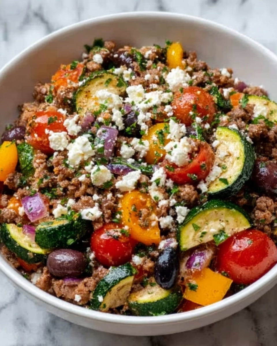 A white bowl filled with a colorful mix of cooked ground beef, sliced zucchini, red onions, halved cherry tomatoes, and whole black olives, all topped with small white crumbles of feta cheese and sprinkled with finely chopped green parsley. The textures show the soft cooked vegetables mixed with the crumbled meat and crumbly cheese. The bowl sits on a white marbled surface. photo taken with an iphone --ar 4:5 --v 7