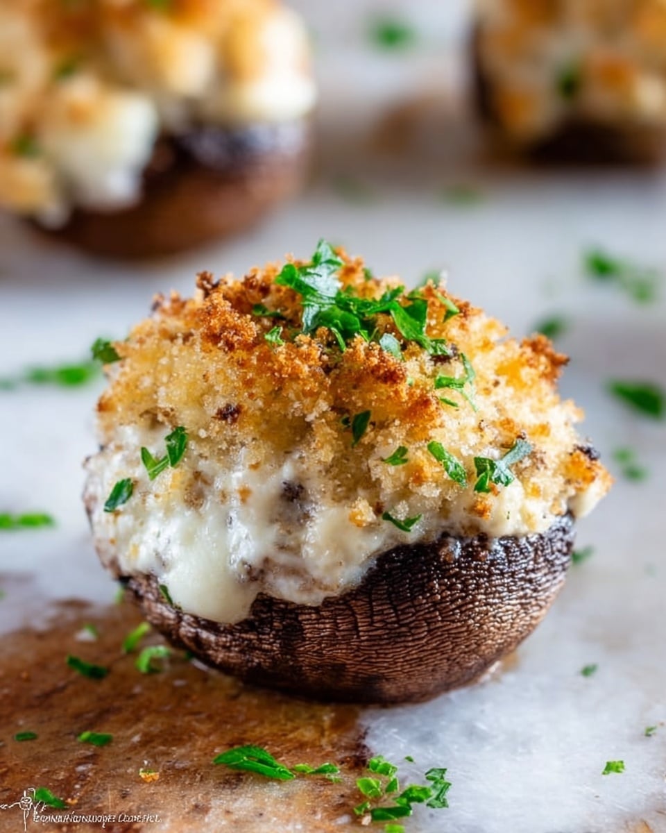 A close-up view of a stuffed mushroom sitting directly on a wooden surface, showing three main layers: a dark brown mushroom base with a smooth, slightly wrinkled texture forming a cup shape at the bottom; a thick, creamy white cheese filling in the middle, appearing soft and smooth with small black and green specks inside; and a golden brown crumbly topping with a slightly rough texture on top, sprinkled with finely chopped green herbs. Some small green herb pieces are scattered around the mushroom on the wooden surface. photo taken with an iphone --ar 4:5 --v 7