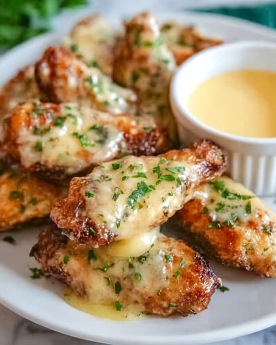 A white plate holds five crispy golden-brown chicken wings covered with melted cheese that looks creamy and slightly browned on top. Each wing is sprinkled with small, fresh green herbs that add a touch of color. In the background, a white bowl with light yellow creamy dipping sauce with green herb pieces is visible. The whole scene sits on a white marbled surface. The photo taken with an iphone --ar 4:5 --v 7