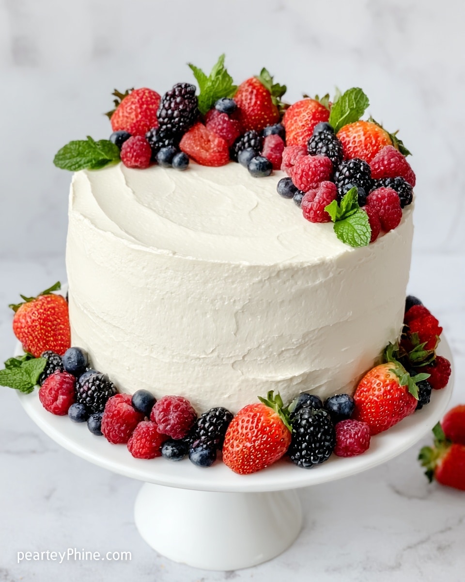 A round cake with smooth white frosting covers all sides and the top. On the top edge, there is a ring of fresh berries including red strawberries, black blackberries, blue blueberries, and red raspberries, arranged closely with fresh green mint leaves. Two strawberry halves sit in the center on top. The cake sits on a white cake stand, and more berries along with mint leaves decorate the base of the cake stand. The background is a white marbled surface. photo taken with an iphone --ar 4:5 --v 7