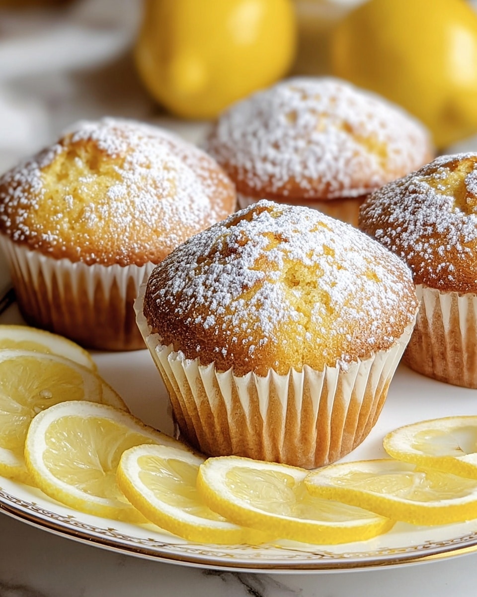 The image shows four golden brown muffins with a cracked top texture, each sprinkled generously with white powdered sugar, sitting upright in beige paper liners. They are placed on a white plate with an ornate gold pattern along the edges. Surrounding the muffins on the plate are thin, bright yellow lemon slices and wedges, arranged both in front and partially behind the muffins. The background features a soft, out-of-focus white marbled surface with hints of yellow from blurred lemons. photo taken with an iphone --ar 4:5 --v 7