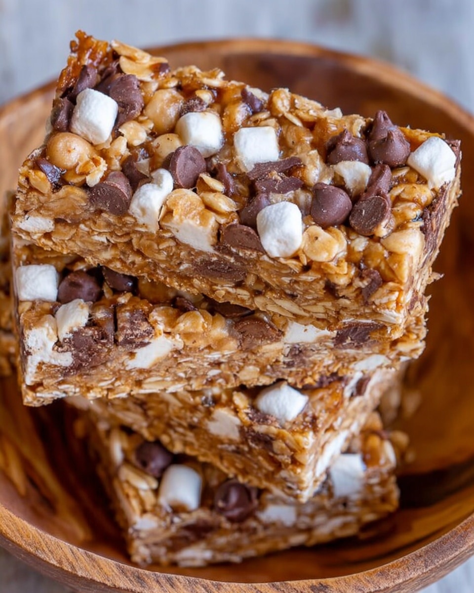 A close-up view of several rectangular granola bars stacked unevenly inside a white bowl. Each bar has a textured top layer made up of light golden oats, small white mini marshmallows scattered throughout, and small dark brown chocolate chips. The bars appear slightly glossy, suggesting a sticky binding ingredient holding the components together, and the oats give a rough, crunchy appearance. The background surface under the bowl is a white marble texture. photo taken with an iphone --ar 4:5 --v 7