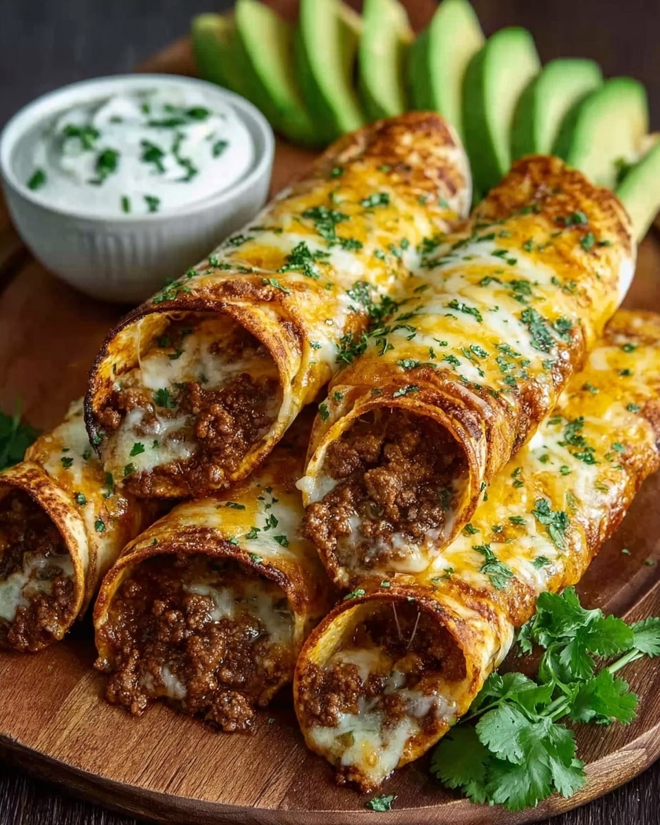 The image shows six rolled tacos placed closely in two layers on a round wooden board. The tacos are golden brown and crispy, covered with melted yellow cheese that stretches slightly, and sprinkled with chopped green herbs on top. On the upper left, there are sliced, green avocado pieces arranged neatly. In the top right corner, a small white bowl holds white dipping sauce, with a side bunch of fresh green herbs. The background is a white marbled texture. Photo taken with an iphone --ar 4:5 --v 7