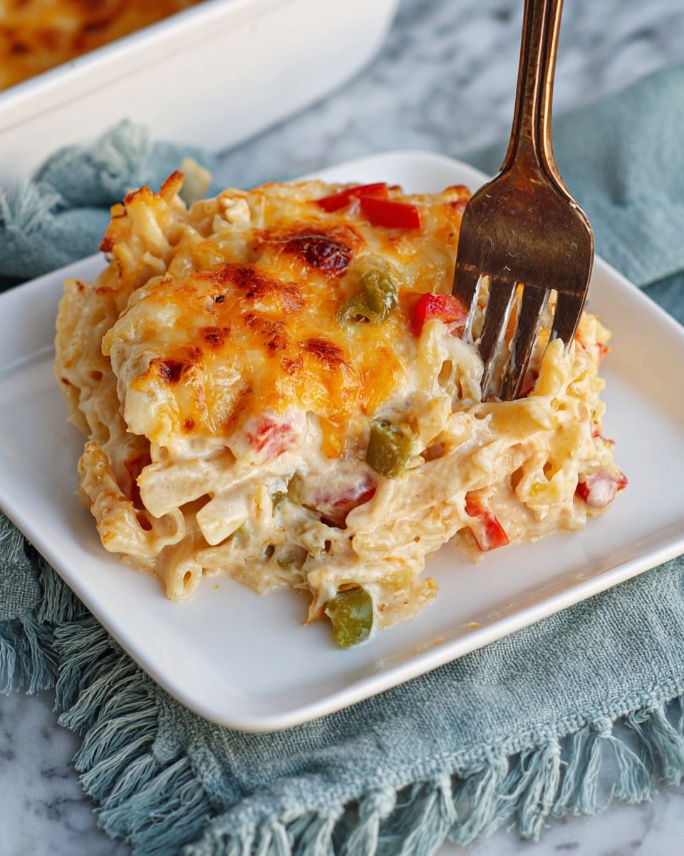 A close-up of a slice of baked cheesy casserole on a white square plate, showing three visible layers: the top layer is melted golden cheese with hints of red and green peppers, the middle layer is creamy and light orange with bits of vegetables, and the bottom layer has soft pasta strands. A vintage metal fork is piercing the casserole from the top right, with the tines partially sunk into the layers. The plate sits on a blue textured cloth over a white marbled surface, with a blurred background hinting at chopped red peppers on another white dish. photo taken with an iphone --ar 4:5 --v 7