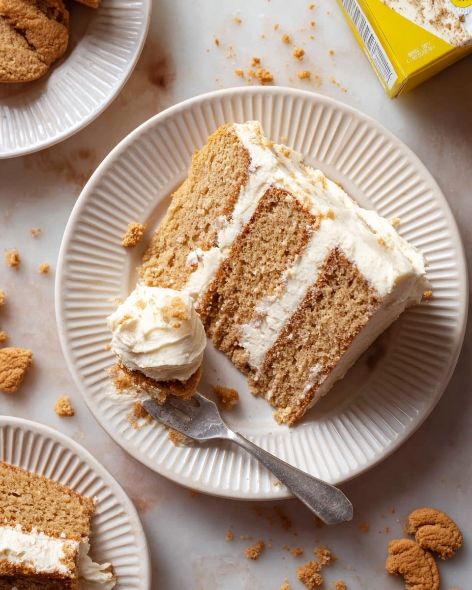 A slice of three-layer light brown cake with white creamy frosting between each layer and around the edges is placed on a white ridged plate. A vintage silver spoon with a chunk of cake sits on the plate showing the soft texture of the cake and creamy frosting. Crumbs from cookies are scattered around the plate on a white marbled surface, along with broken pieces of cookies. Another similar plate with cake is partially visible at the bottom left corner. Photo taken with an iphone --ar 4:5 --v 7