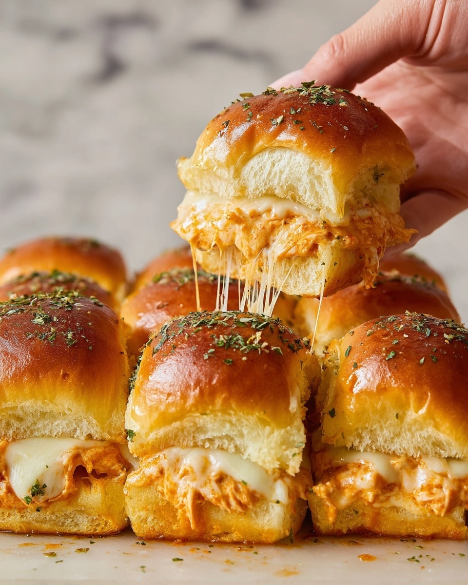 A close-up of soft, golden brown slider buns arranged in a group on a white marbled surface, each topped with herbs and small white bits like garlic or cheese. One slider is being lifted by a woman's hand from the group, showing two layers inside: a thick layer of melted white cheese on the bottom, and an orange, creamy, saucy layer with bits of chicken or similar filling above it. Long, stretchy cheese strands pull from the lifted slider to the others below, emphasizing the melted texture. The buns have a shiny, slightly crispy surface with herbs scattered on top, and the sliders sit tightly packed together. Photo taken with an iphone --ar 4:5 --v 7