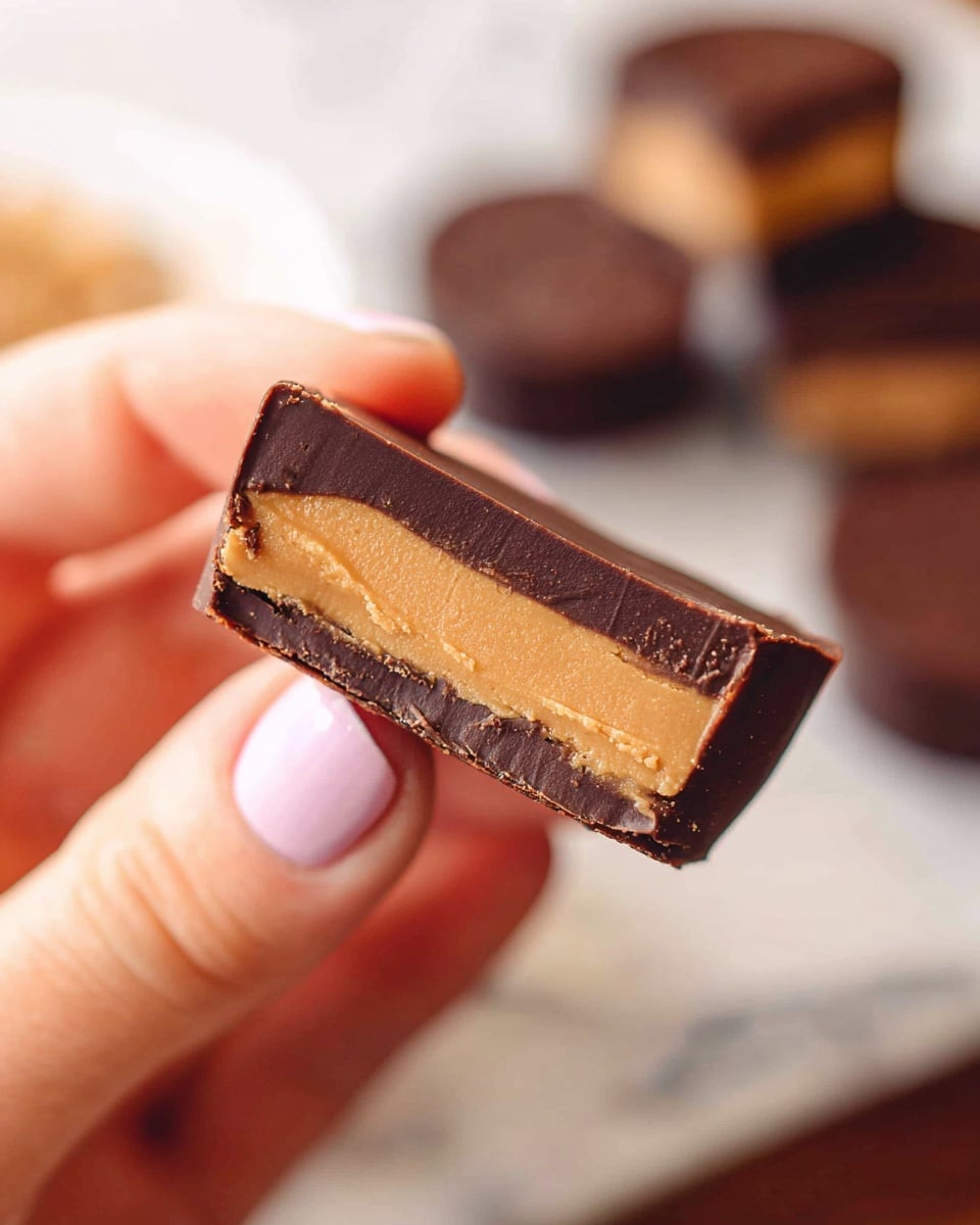 A close-up image of a small rectangular treat held by a woman's hand with light pink painted nails. The treat has three visible layers: a thick, soft light brown center, surrounded by a smooth, thin dark brown chocolate layer, and a slightly thicker bottom layer of dark chocolate with a firm texture. In the softly blurred background, there are more similar treats stacked together on a white marbled surface. Photo taken with an iphone --ar 4:5 --v 7