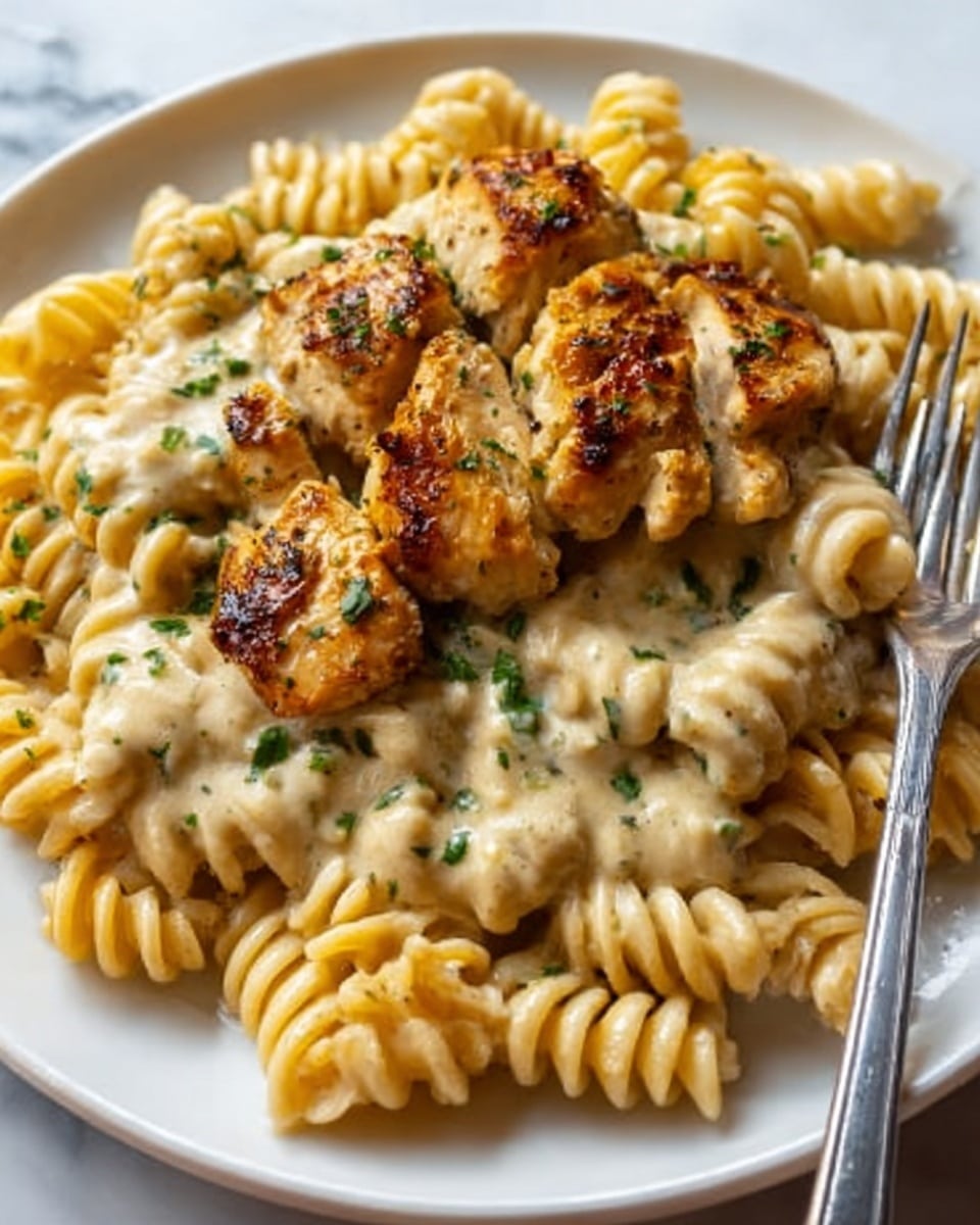 The image shows a close-up of a plate with three layers. The bottom layer is white pasta spirals, cooked and slightly glossy, covering the whole plate. On top of the pasta, there are several pieces of grilled chicken, golden-brown with visible char marks and a crispy texture. The chicken pieces are coated with a creamy sauce that is light beige and smooth, sitting all over the pasta and chicken. A small amount of chopped green herbs is sprinkled on top, adding a fresh green contrast to the creamy sauce and browned chicken. A silver fork is placed on the right side of the plate, partially touching the pasta. The background is a white marbled texture. Photo taken with an iphone --ar 4:5 --v 7