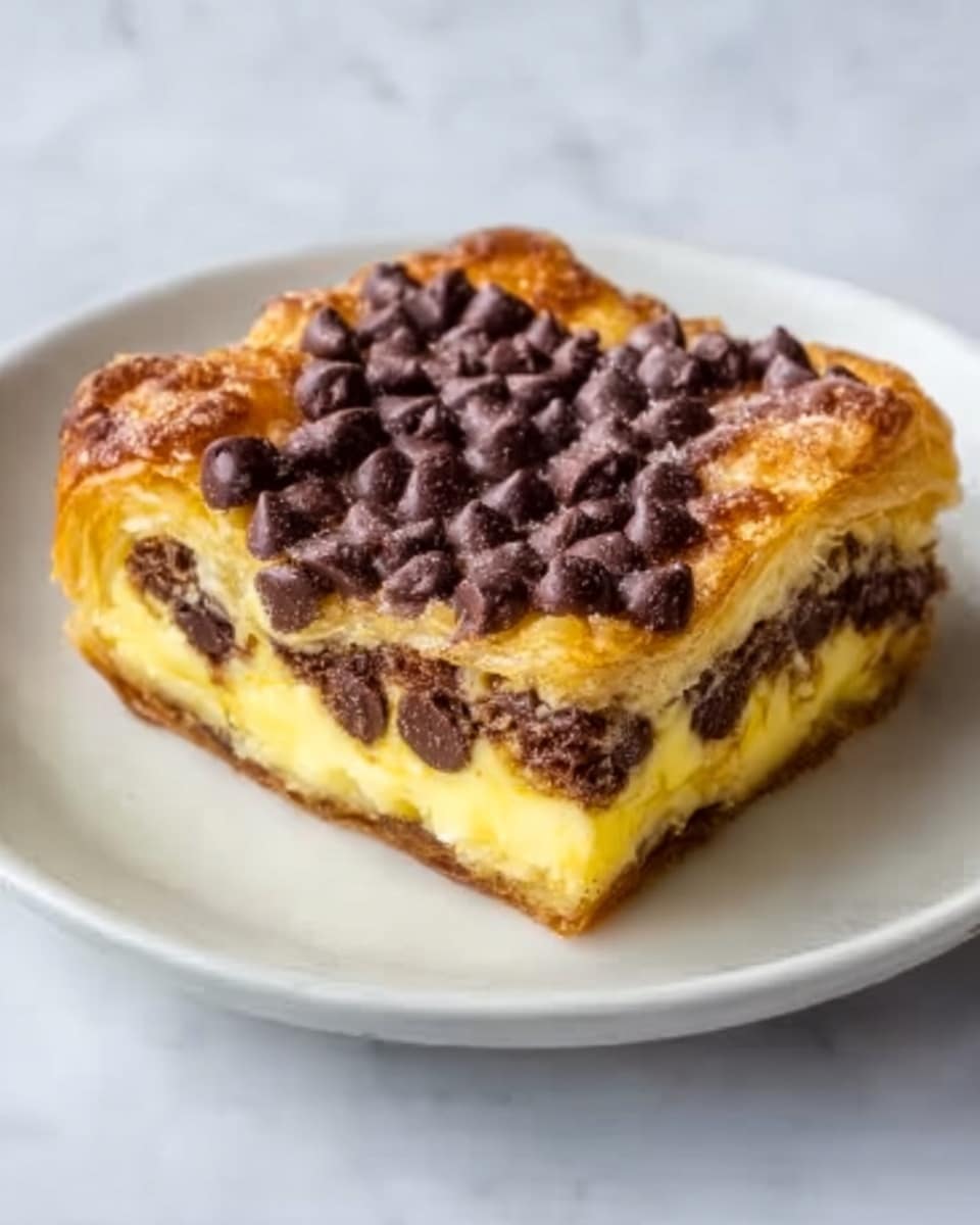 The image shows a square-shaped pastry with many layers. The top layer is golden brown and flaky, with dark brown chocolate chips scattered unevenly on it. Below the top, there are thick swirls of yellow custard mixed with dark chocolate, creating a marbled effect. The pastry is sitting on a simple white plate, which rests on a white marbled surface. The texture looks soft and creamy inside with a slightly crispy crust around the edges. photo taken with an iphone --ar 4:5 --v 7