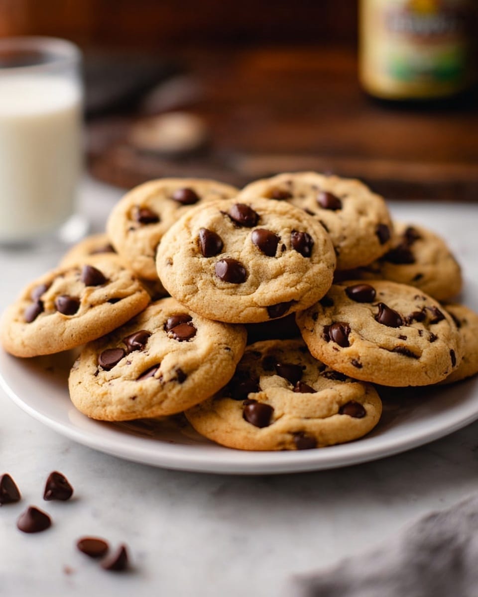 A white plate is full of golden-brown chocolate chip cookies stacked softly in layers, with the cookies showing slightly cracked warm surfaces dotted generously with shiny, dark chocolate chips that stand out in color and texture. The plate sits on a wooden table, with a few loose chocolate chips scattered around the edges, and in the blurry background, a bottle and a glass of milk can be seen. The cookies are thick with soft edges and a chewy look, some cookies left leaning, giving a cozy, homemade feel. photo taken with an iphone --ar 4:5 --v 7