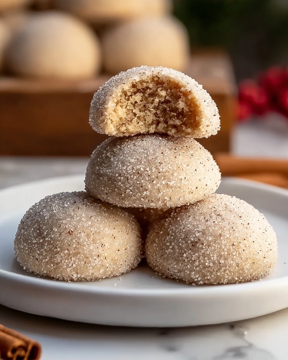 A white plate holds four soft round sugar-coated cookies stacked with three at the bottom and one on top. The top cookie is bitten into, showing a dense, crumbly, light brown inside texture. The cookies have a pale beige outer layer dusted with fine sugar, giving a sparkling effect. In the background, several more plain, round dough balls rest on a wooden board, set on a white marbled surface dusted with scattered flour. The scene is warm with soft golden bokeh lights blurred in the distance. photo taken with an iphone --ar 4:5 --v 7