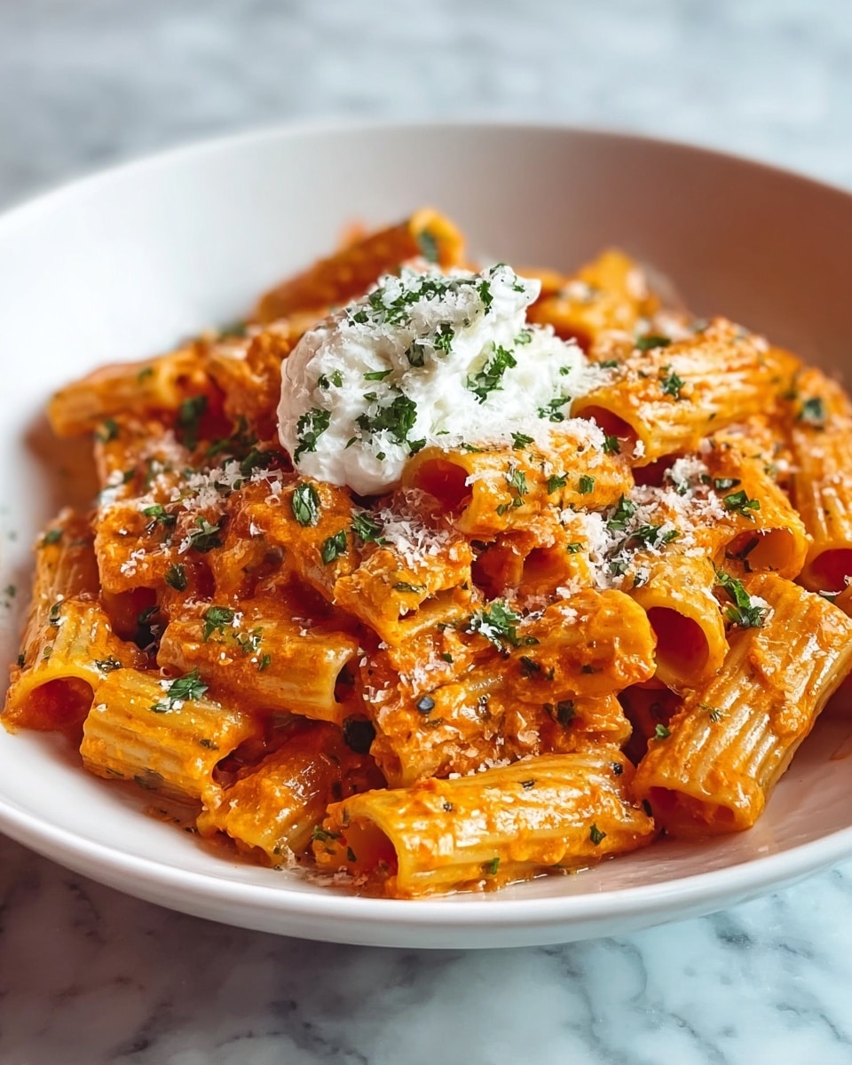A white bowl filled with creamy orange-colored penne pasta, coated in a thick sauce with small pieces of green herbs scattered throughout. The pasta is topped with finely grated white cheese and a dollop of white cream in the center, garnished with a sprinkle of chopped fresh green herbs and a light dusting of ground black pepper. The bowl sits on a white marbled surface, enhancing the vibrant colors of the dish. photo taken with an iphone --ar 4:5 --v 7