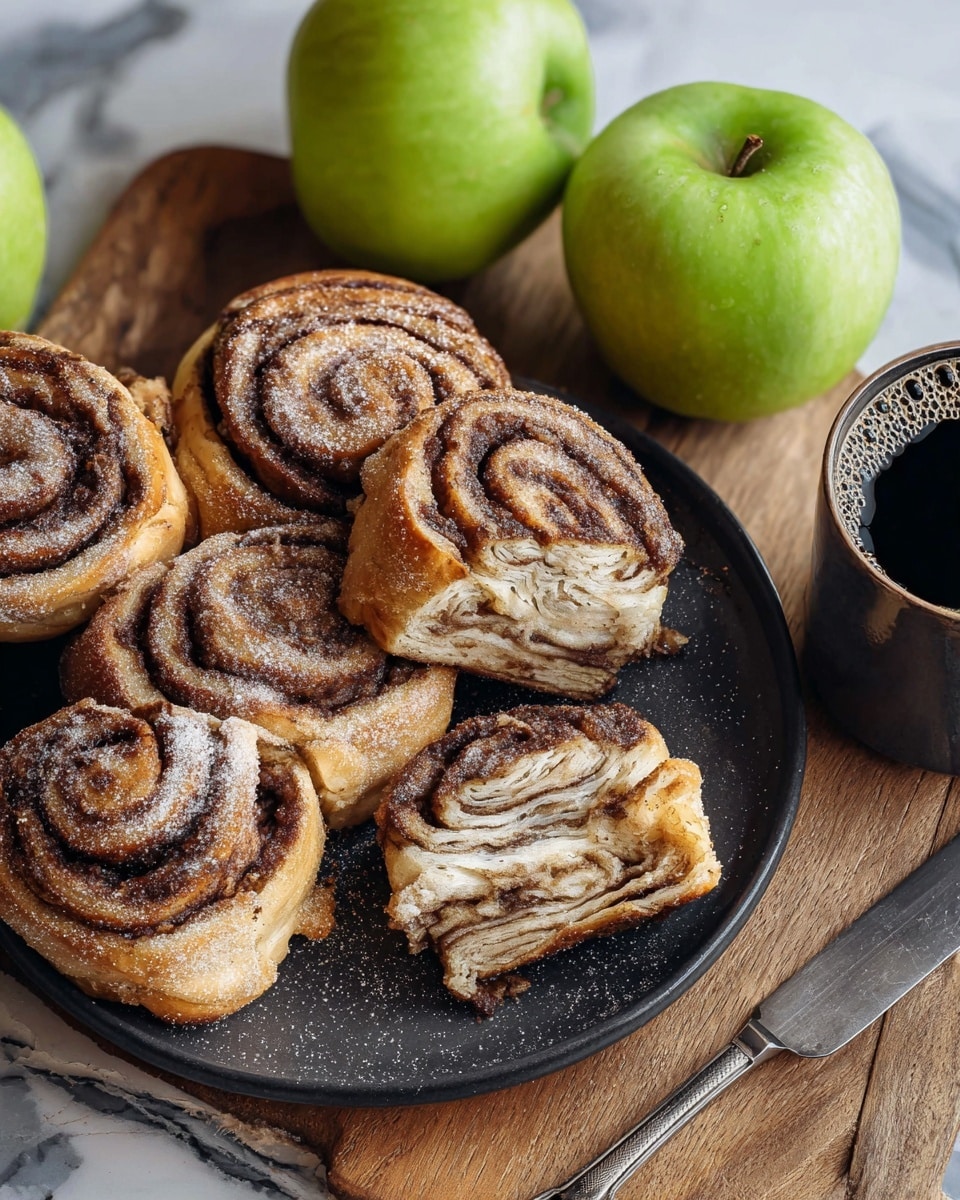 The image shows cinnamon rolls with a rich cinnamon swirl, each roll having many thin layers of golden brown dough and dark cinnamon filling. One roll is cut open, revealing the many twisted layers of soft dough and cinnamon inside. The rolls are sprinkled lightly with sugar powder. They sit on a dark round plate on a rough wooden surface, surrounded by green apples and a glass of black coffee. A metal butter knife rests beside one roll on the plate, and a gray napkin is at the corner. The whole scene is bright and warm, with a white marbled texture in the background area. photo taken with an iphone --ar 4:5 --v 7