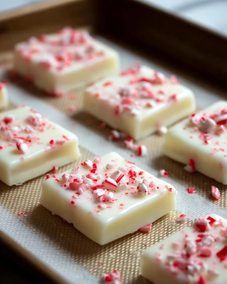 The image shows six square white chocolate pieces arranged on a baking sheet with a textured beige mat underneath. Each chocolate piece has two main layers: a smooth, shiny, thick white base layer, and a top layer of crushed red and white peppermint candy scattered unevenly across the surface. The chocolates look soft and freshly made, with the colors contrasting sharply against the neutral baking sheet and mat. The background is softly blurred, emphasizing the chocolates in the front. Photo taken with an iphone --ar 4:5 --v 7