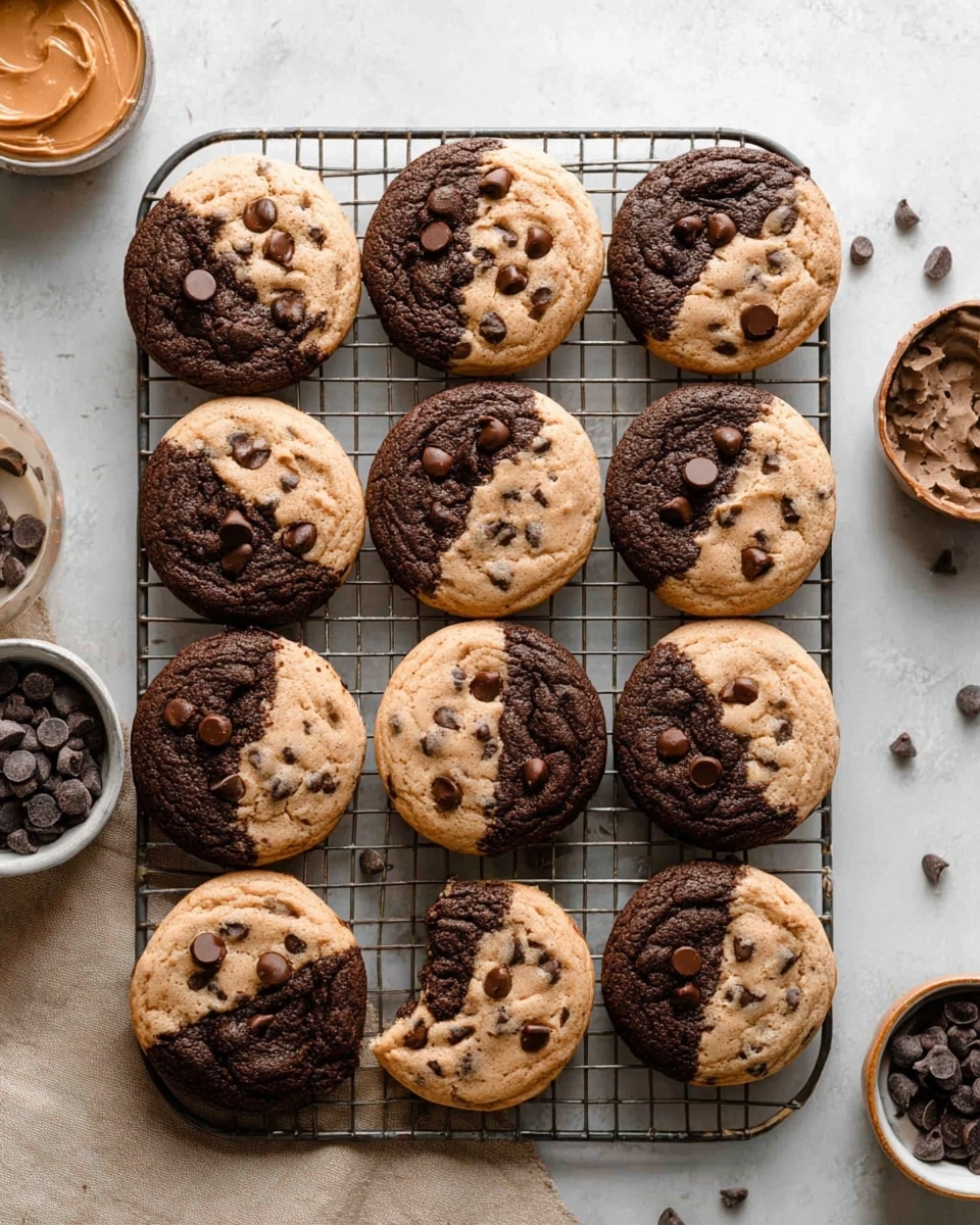 A cooling rack filled with 17 round cookies, each cookie divided evenly into two halves: one half is light golden brown with visible chocolate chips, soft and slightly textured, while the other half is dark brown, rich chocolate with a smooth, dense look and some chocolate chips scattered on top. One cookie is broken showing a soft inside with mixed chocolate chips. The cooling rack is placed on a white marbled surface, with a white bowl of peanut butter visible at the right edge and part of a white plate with chocolate chips at the left edge. photo taken with an iphone --ar 4:5 --v 7
