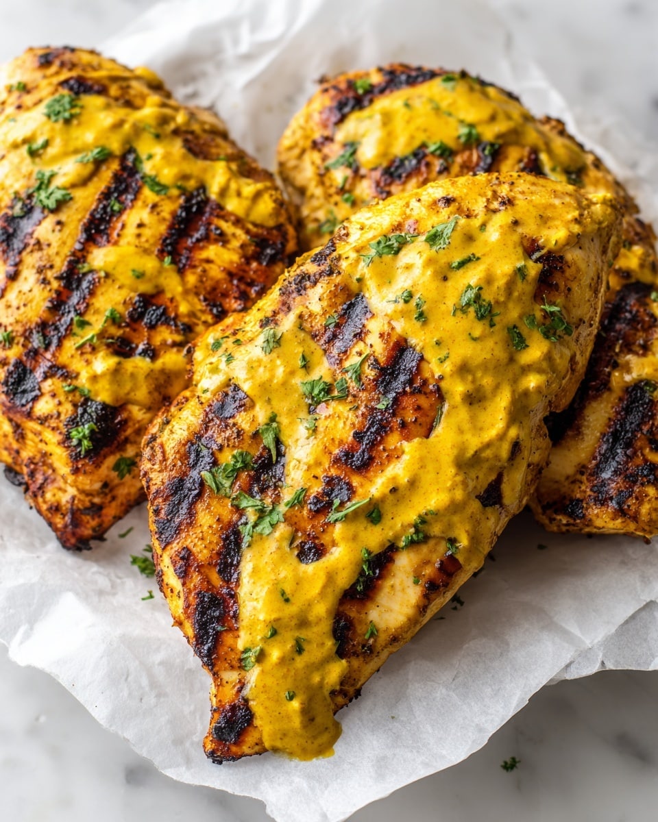 The image shows three grilled chicken breasts placed on white parchment paper over a white marbled surface. Each chicken breast is coated with a thick, bright yellow sauce layered smoothly with some parts slightly charred and darker from grilling. Small green herb pieces, likely parsley, are sprinkled evenly on top, adding a fresh contrast of color. The texture of the chicken is juicy with visible grill marks and caramelized bits giving it a slightly crispy look. photo taken with an iphone --ar 4:5 --v 7