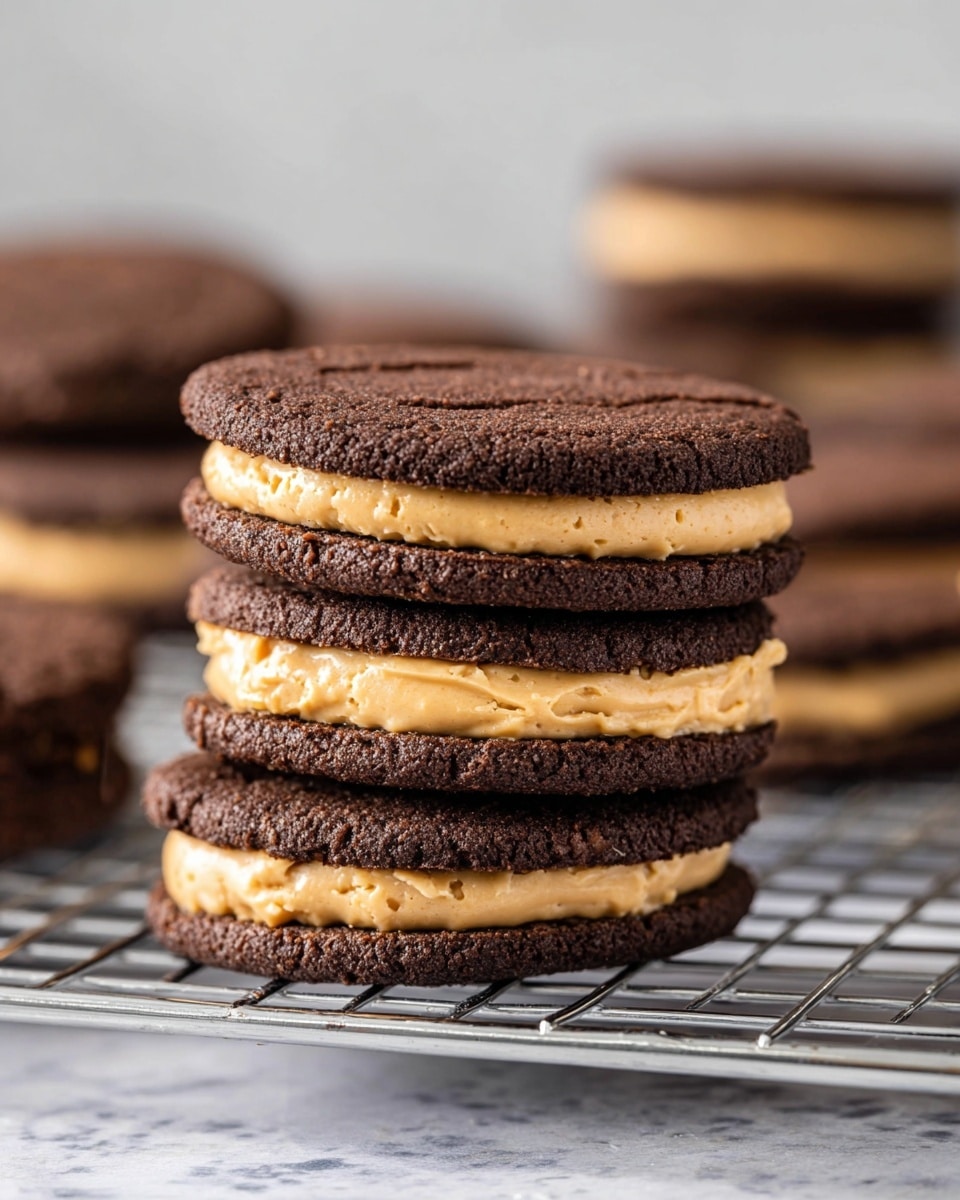 Three sandwich cookies stacked on a silver cooling rack, each cookie featuring two round, dark brown chocolate layers with a thick, creamy light brown peanut butter filling in the middle, the filling slightly soft and textured. In the blurred background, there are more stacked cookies and some creamy filling visible, all set on a white marbled surface. The overall look is rich and inviting, with a clear focus on the contrast between the dark cookie and light filling. photo taken with an iphone --ar 4:5 --v 7