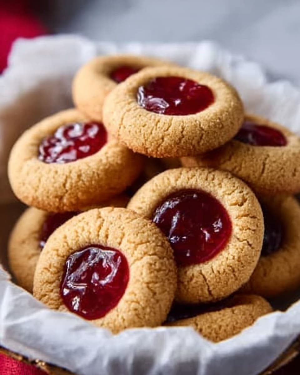 The image shows a basket lined with white parchment paper filled with round cookies. Each cookie has a golden-brown, slightly rough texture and a smooth red jam center that is glossy and raised, creating a clear contrast between the soft jam and the crumbly cookie dough. The cookies are stacked casually inside the basket, which is wrapped with a dark red cloth around the edges, all placed on a white marbled surface. Photo taken with an iphone --ar 4:5 --v 7