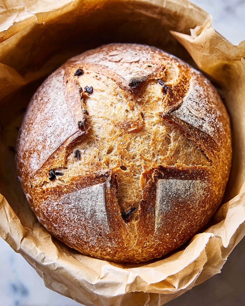 A round loaf of bread with a golden-brown crust and a lightly dusted flour surface, featuring a star-shaped cut pattern on top with four deep slashes that reveal the soft, light tan interior crumb beneath. Small dark raisins are embedded near the cuts and on the crust, adding texture and color contrast. The bread rests on natural brown parchment paper that softly crinkles around its edges, set against a white marbled surface. Photo taken with an iphone --ar 4:5 --v 7