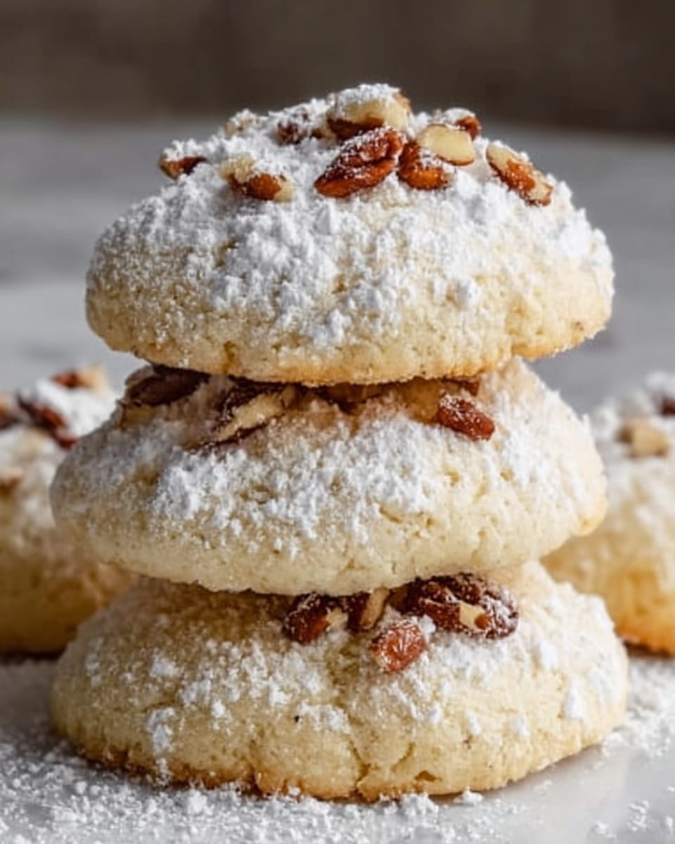 The image shows a close-up of three round cookies stacked in a small pile on a white marbled surface. Each cookie is light beige in color with a soft, slightly crumbly texture. The top cookie is dusted with a thick layer of white powdered sugar. On top of the powdered sugar, there are small clusters of chopped brown nuts placed in the center of each cookie. The scene is warmly lit, highlighting the powdery texture of the sugar and the crisp edges of the cookies. Photo taken with an iphone --ar 4:5 --v 7