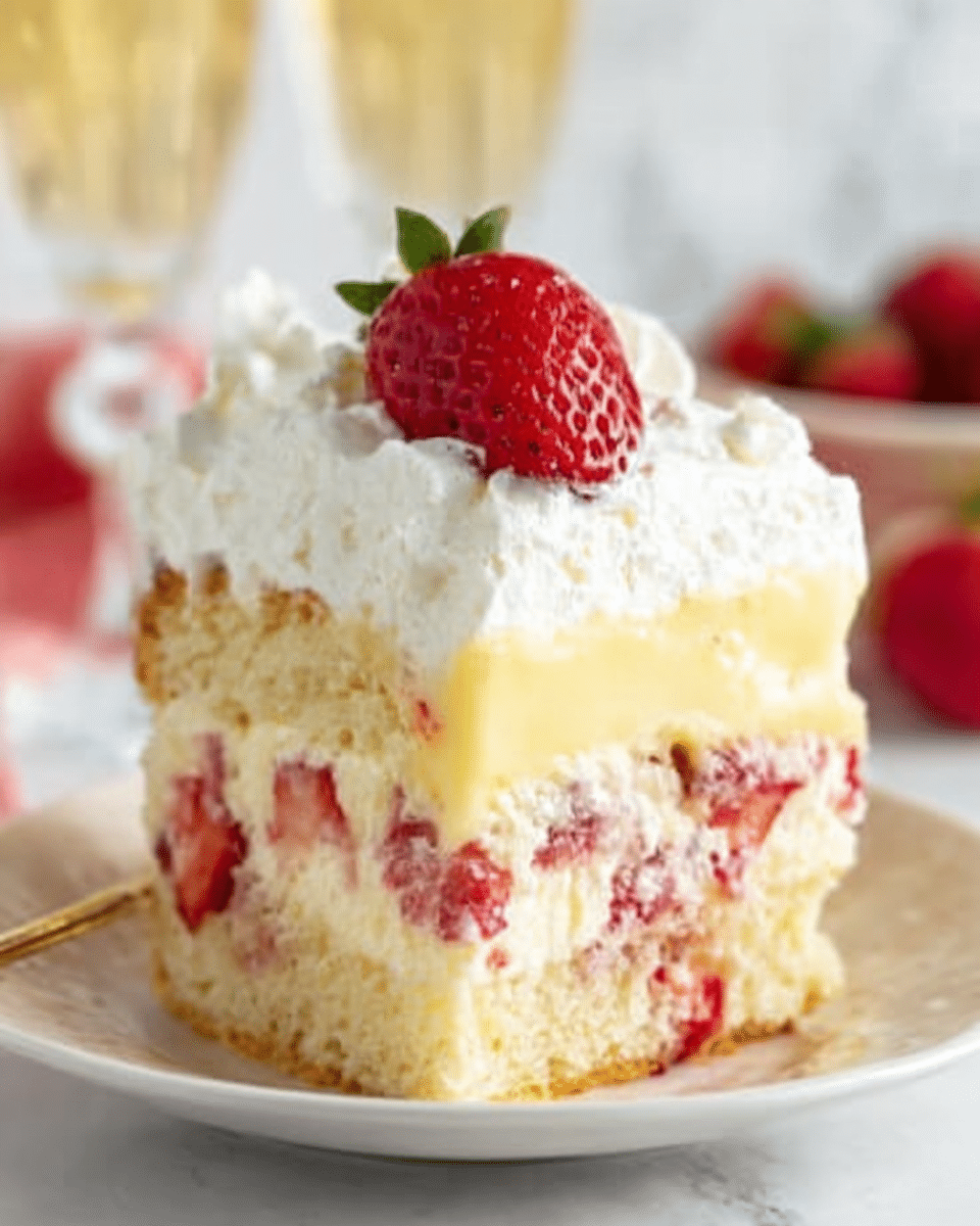 The image shows a slice of layered dessert on a white plate. The bottom layer is a light, soft cake with pieces of red strawberry bits inside. Above this is a thick, creamy yellow layer, smooth in texture. On top of the cream, there is another layer of the same light cake mixed with more strawberry bits. The dessert is finished with a fluffy white whipped cream layer that covers the top, decorated with a fresh, halved strawberry placed in the center. The background has a white marbled texture with some out-of-focus glasses and whole strawberries. Photo taken with an iphone --ar 4:5 --v 7