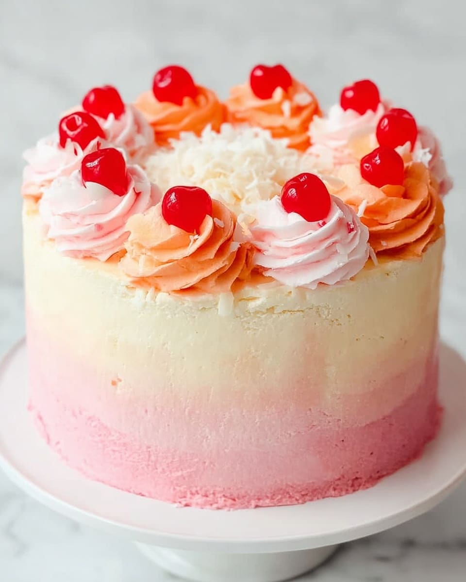 The image shows a round cake with three visible layers of cream color that gradually fades into a pink shade at the bottom. The top edge is decorated with swirled frosting rosettes in light pink and orange colors, each topped with bright red cherries. In the center of the cake’s top, there are white shredded pieces, possibly white chocolate, adding texture to the smooth surface of the cream. The cake is placed on a white plate on a white marbled surface. photo taken with an iphone --ar 4:5 --v 7