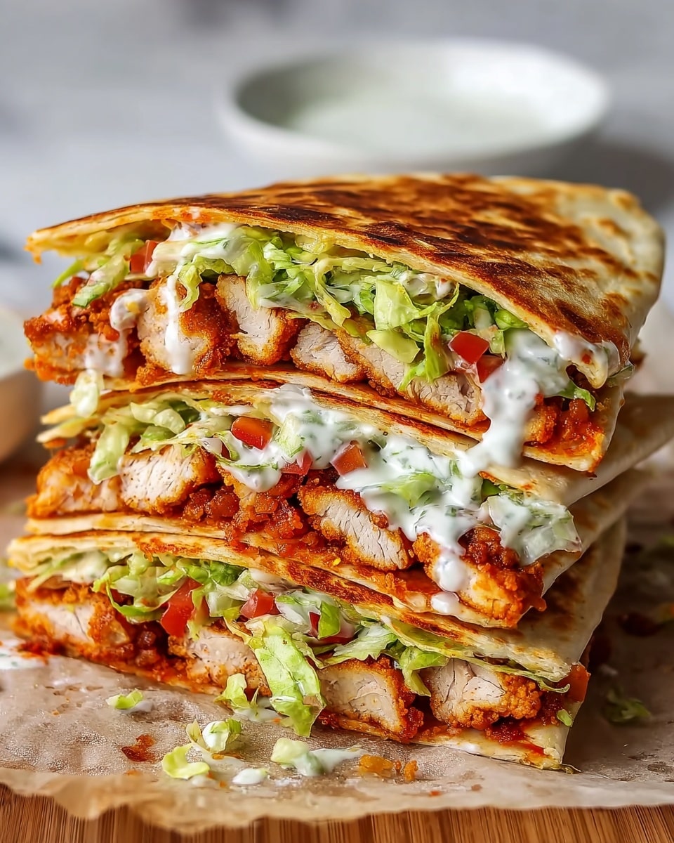 The image shows two stacked quesadilla halves on parchment paper, cut to reveal five layers inside. The outermost layer is a golden-brown toasted tortilla with a slightly crispy texture. Inside, the first layer is a thick coating of crispy, reddish-brown fried chicken pieces. This is followed by a layer of fresh, bright green shredded lettuce mixed with bits of red tomato. Next, there is a creamy white sauce, slightly dripping, adding contrast. The bottom layer is another tortilla piece, slightly soft and light brown from grilling. The background has a clean white marbled surface with a blurred white bowl in the distance. photo taken with an iphone --ar 4:5 --v 7