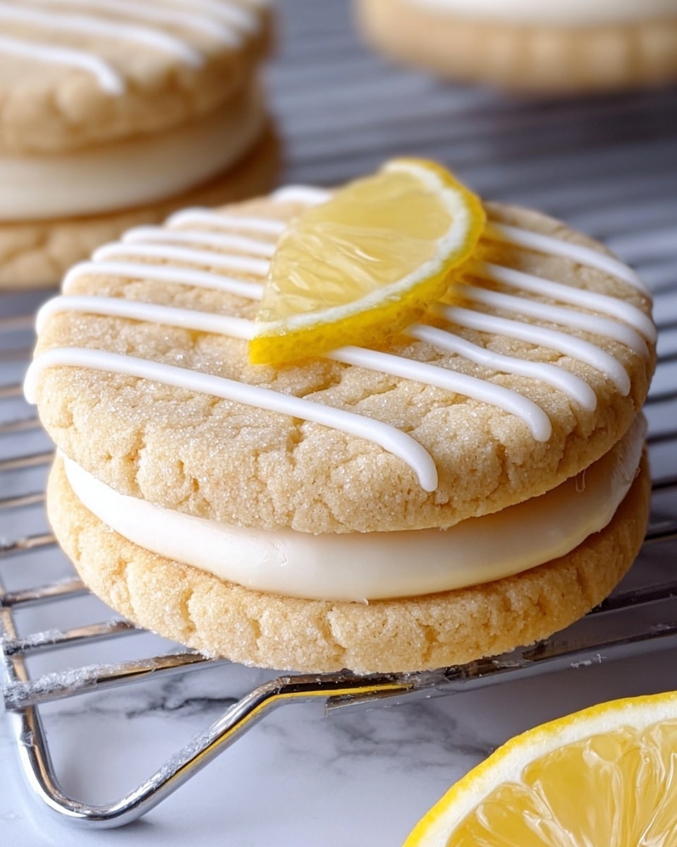 A close-up of a sandwich cookie made of two light beige, soft-looking cookie layers with a slightly cracked surface. Between the cookies is a thick layer of smooth white cream. The top cookie is decorated with thin white icing lines running vertically across it. On top sits a small, thin lemon wedge with a glossy yellow peel and pale yellow juicy inside. The cookies rest on a metal cooling rack over a white marbled surface. A partial lemon is visible in the lower right corner. photo taken with an iphone --ar 4:5 --v 7