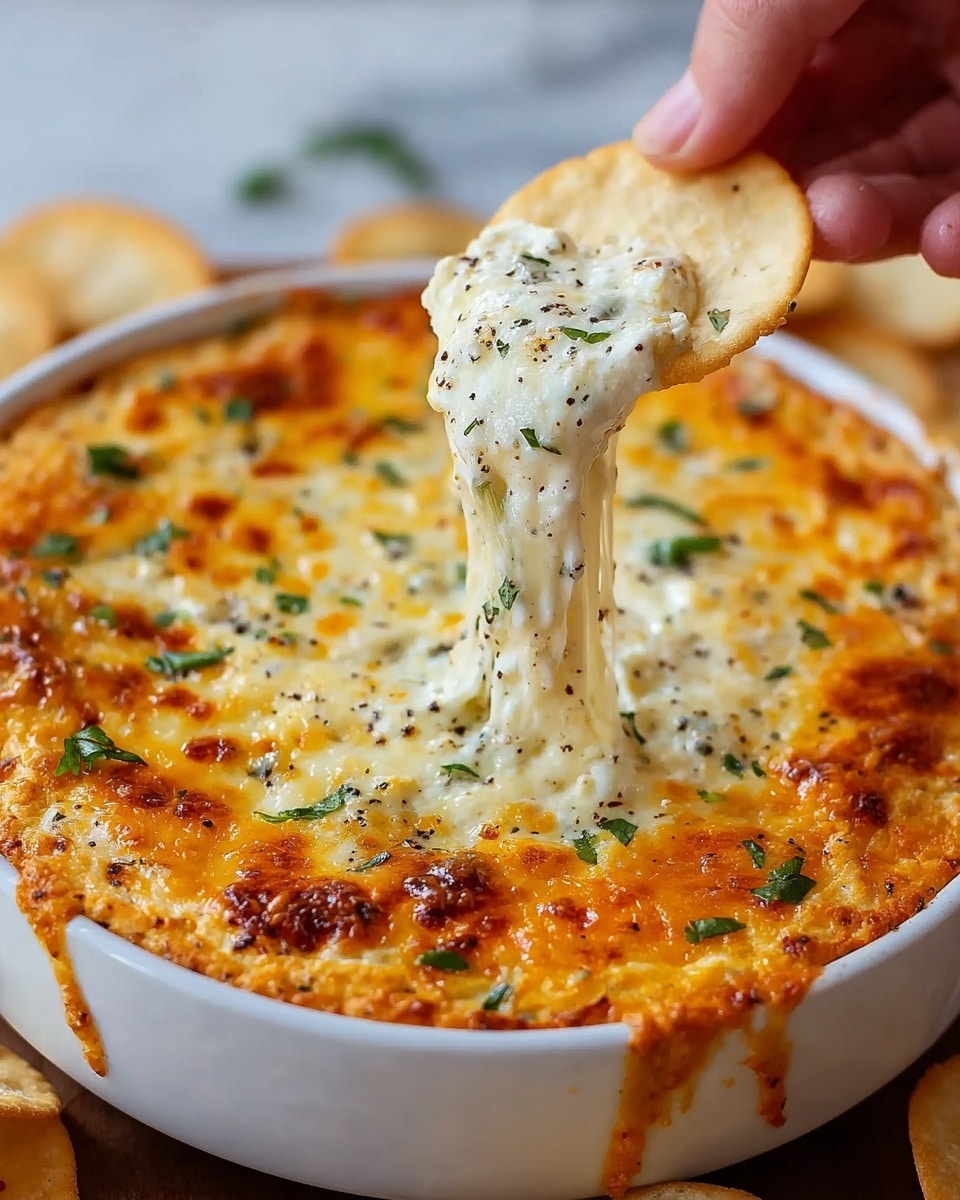 A white round dish filled with a thick cheesy dip that has a golden brown baked cheese layer on top with spots of darker melted cheese, sprinkled with chopped green herbs and cracked black pepper. A white and lightly toasted chip is being lifted by a woman's hand from the center, pulling long stretchy strings of melted cheese from the dip. The dip itself shows a creamy mix beneath the stretchy cheese top layer. The dish sits on a white marbled surface, and some cheese drips slightly over the edge of the dish. Photo taken with an iphone --ar 4:5 --v 7