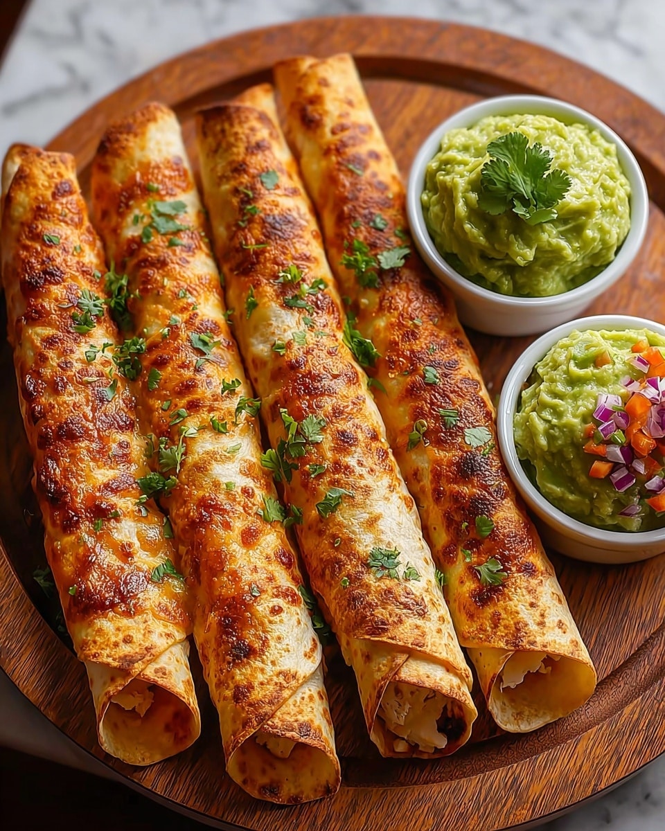 The image shows six long, golden-brown rolled tacos placed side by side on a round wooden board. Each taco is crunchy with a slightly charred texture, sprinkled with small green cilantro leaves on top. The filling peeks out slightly from the open ends, showing a white, shredded chicken inside. Next to the tacos, there are two small white bowls filled with bright green guacamole, one topped with finely chopped red, orange, and purple bits and a small cilantro leaf. The background features a white marbled surface. Photo taken with an iphone --ar 4:5 --v 7