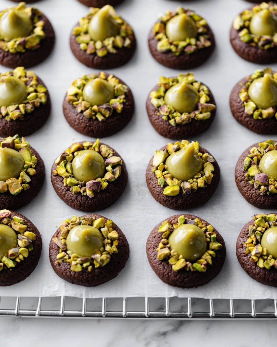 The image shows two rows of chocolate thumbprint cookies placed on white baking paper over a metal cooling rack, set on a white marbled surface. Each cookie has one layer of rich, dark brown chocolate dough as the base, shaped into a round with a slight dome. At the center of each cookie, there is a shiny, smooth dollop of green pistachio cream, creating the second layer. Some of the cookies have an added layer of chopped green and yellow pistachio nuts pressed around the edges, forming a thick ring around the cream. The nuts add a rough texture, contrasting with the smoothness of the cream and the soft cookie. The cookies are neatly arranged in straight lines, creating an organized and appetizing look. photo taken with an iphone --ar 4:5 --v 7