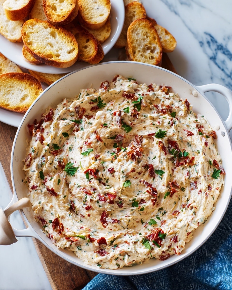 A white skillet filled with a creamy dip that has a thick texture with visible chunks of red and green, likely peppers and herbs mixed throughout. The dip is generously sprinkled with small green parsley pieces on top, adding a fresh touch. The skillet rests on a wooden surface next to a blue cloth and a white marbled background, with a white plate holding a few slices of toasted bread showing a golden-brown crust and airy inside. The photo taken with an iphone --ar 4:5 --v 7
