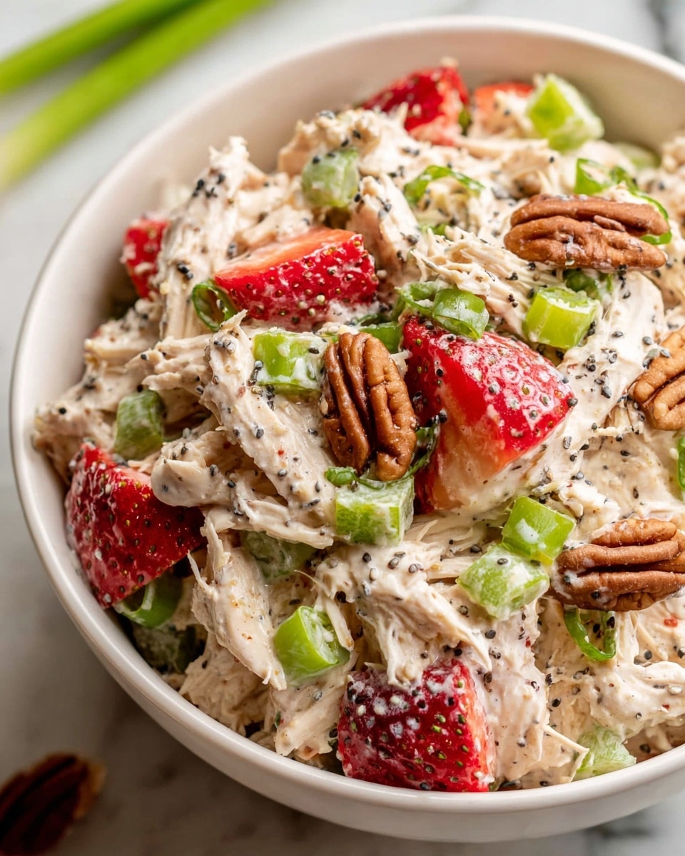 A close-up of a white bowl filled with a creamy chicken salad made of shredded white chicken mixed with beige dressing as the base layer, scattered with bright red strawberry pieces and light green chopped celery for a fresh crunch, topped with whole brown pecans adding a rich texture, and finished with dark poppy seeds sprinkled evenly and vibrant green chopped scallions for color contrast, all set on a white marbled surface with a small piece of scallion nearby. photo taken with an iphone --ar 4:5 --v 7