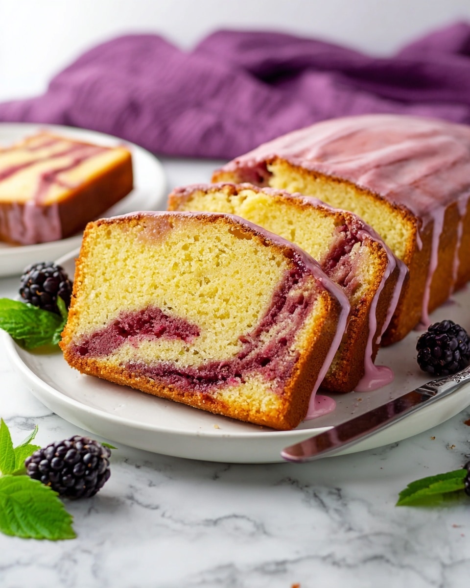 The image shows three slices of a loaf cake on a white plate placed on a white marbled surface. The cake has two layers: a soft yellow cake base swirled with a red berry filling creating marbled patterns inside. The top layer is covered with a glossy pink-purple glaze that drips slightly over the edges. The edges of the cake are golden brown and slightly crisp. Some blackberries and green leaves decorate the corner of the plate, and a knife rests near the cake slices. In the background, a purple cloth adds a soft texture to the scene. Photo taken with an iphone --ar 4:5 --v 7