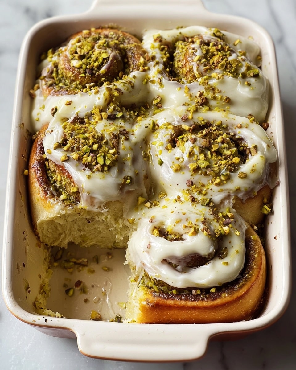 The image shows four cinnamon rolls arranged closely in a white baking dish on a white marbled surface. Each roll has multiple layers of soft, fluffy dough stretched around a greenish pistachio filling. On top, thick white cream cheese icing is spread unevenly and generously, slightly melting into the warm rolls. The icing is sprinkled all over with crushed pistachio nuts, adding a coarse texture and greenish-brown color contrast to the swirl. One roll has a small piece taken out, revealing the soft, airy inside layers under the fillings and icing. photo taken with an iphone --ar 4:5 --v 7
