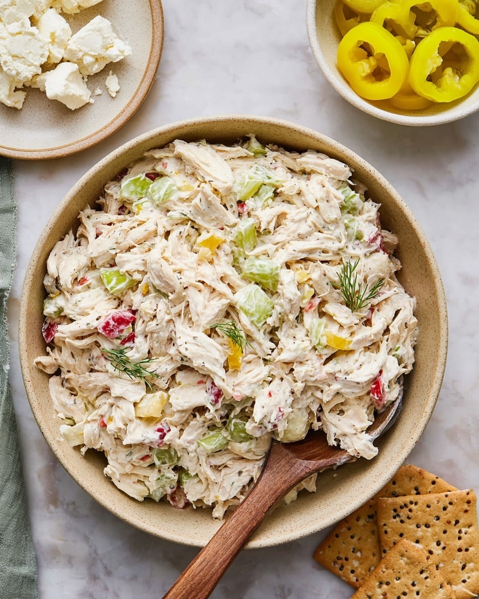 A large beige bowl filled with creamy chicken salad made of shredded white chicken, pale green celery slices, pale yellow pepper rings, and small bits of red pepper, all mixed in a thick white dressing with visible tiny green dill sprigs on top. To the top right of the bowl is a small white bowl full of sliced bright yellow-green peppers. To the top left, on a beige plate, are crumbles of white cheese. To the right of the bowl, there are two pieces of light brown crackers with seeds. The bowls and plates are set on a white marbled surface. A wooden spoon rests inside the large bowl, slightly covered by the chicken mix. photo taken with an iphone --ar 4:5 --v 7