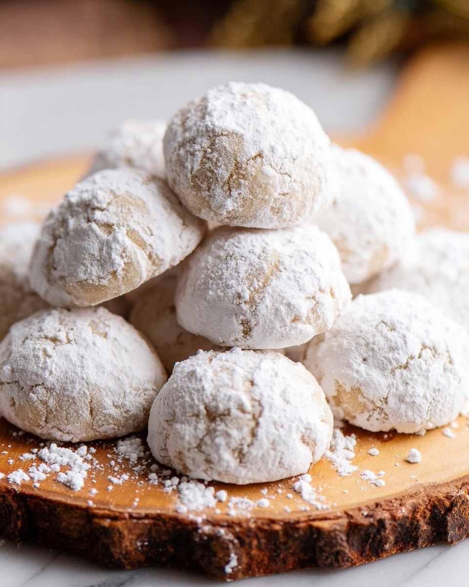 A close-up view of a pile of small round cookies covered with a thick layer of white powdered sugar. Each cookie has a rough, slightly cracked texture beneath the sugar dusting, showing a soft, light brown color underneath. The cookies are stacked closely together on a wooden slab with a rough edge, placed on a white marbled surface. The powdered sugar is lightly scattered around the cookies, adding a soft snowy effect. The lighting is bright and soft, highlighting the texture and powder details. photo taken with an iphone --ar 4:5 --v 7