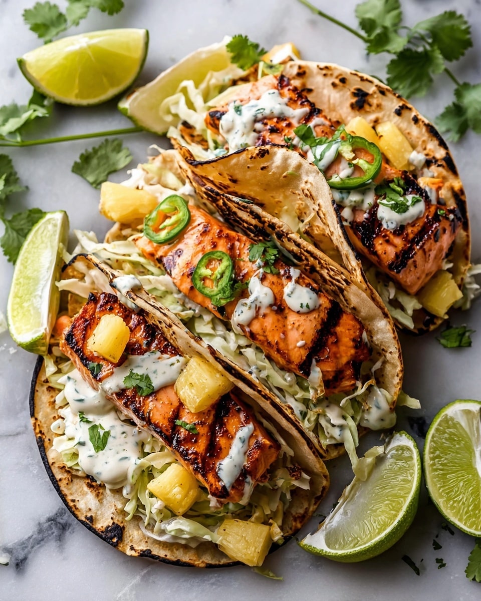 Three grilled salmon tacos are placed side by side on a white marbled surface. Each taco has two charred corn tortillas holding shredded pale green cabbage at the bottom, topped with large pieces of orange grilled salmon with grill marks, and scattered yellow pineapple chunks. There are thin slices of green jalapeño peppers in the middle taco, fresh green cilantro leaves sprinkled on top, and white creamy sauce drizzled over the salmon. Lime wedges and cilantro sprigs decorate the background. The photo taken with an iphone --ar 4:5 --v 7