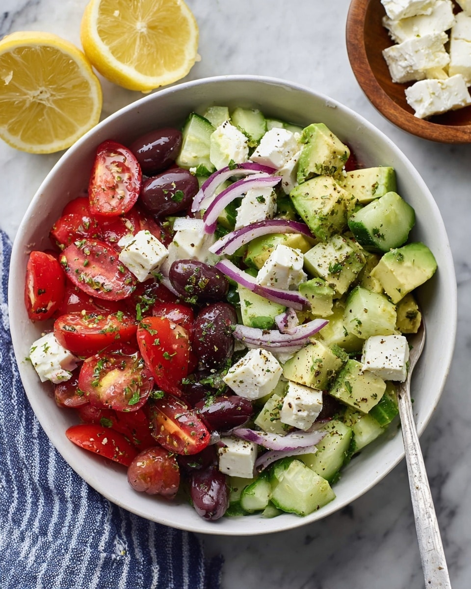 A white bowl filled with a fresh Greek salad showing many layers: bright red halved cherry tomatoes, light green cucumber slices with a darker green peel, creamy avocado chunks, dark purple sliced olives, and small cubes of white feta cheese scattered throughout. Thin strips of red onion add a subtle purple color, and the salad is sprinkled with finely chopped green herbs and cracked black pepper. A silver fork is placed inside the bowl. Around the bowl, a white marbled surface holds a cut lemon and a wooden bowl with extra feta cheese pieces, along with a blue and white striped cloth. photo taken with an iphone --ar 4:5 --v 7